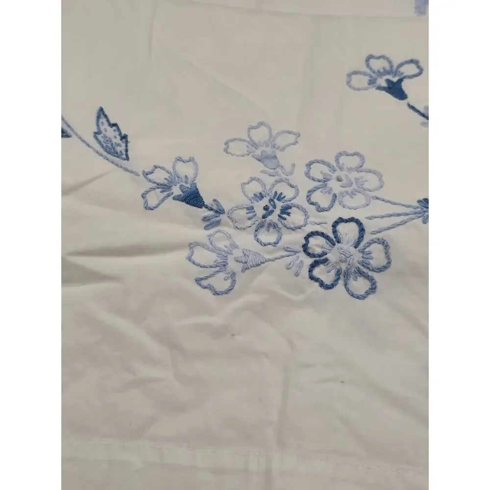 Vintage Embroidered His and Hers Pillowcases Blue Floral Crochet Trim Pair Set